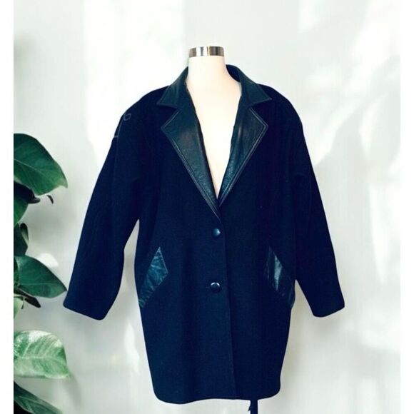 Vintage Black 80s Wool Leather Patch Bomber Western Coat Medium Large - Picture 1 of 8